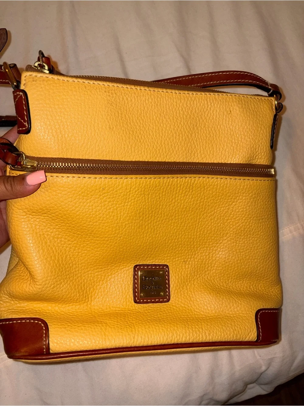 Dooney & Bourke Yellow Leather Crossbody Bag with Brown Trim